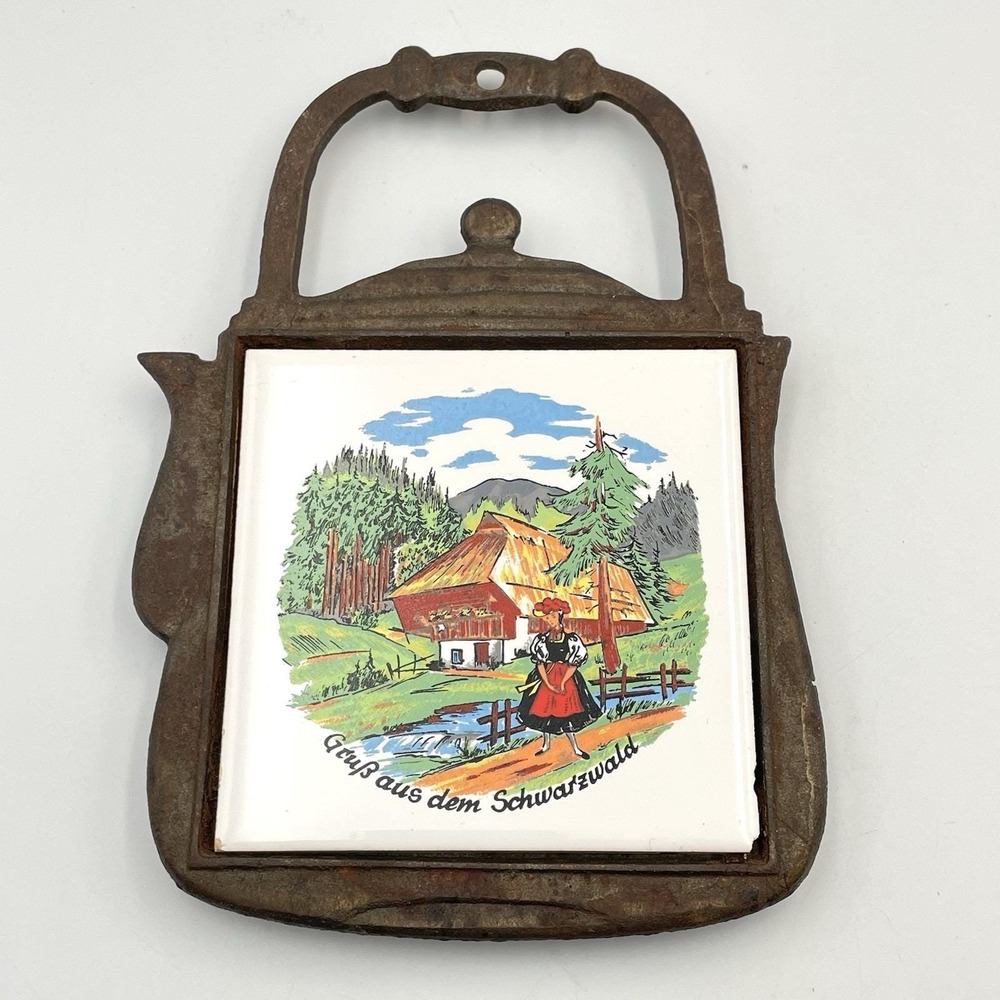 Vintage 1960s Cast Iron Tile Trivet German Black Forest Schwarzwald